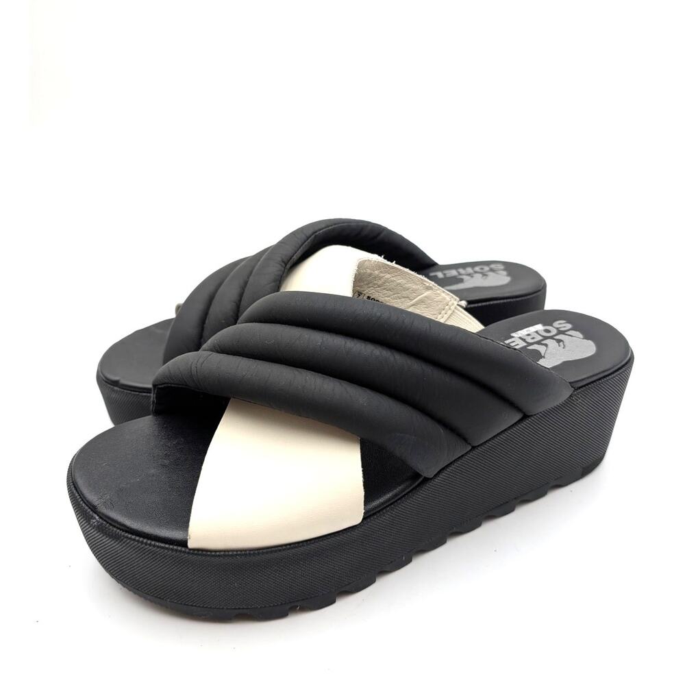 Sorel Black and Cream Quilted Crossover Platform Slide Sandals